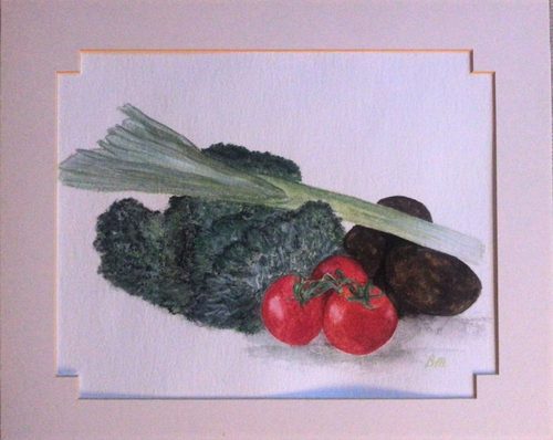 Brenda, fruit & veg, watercolour & watercolour pencils.